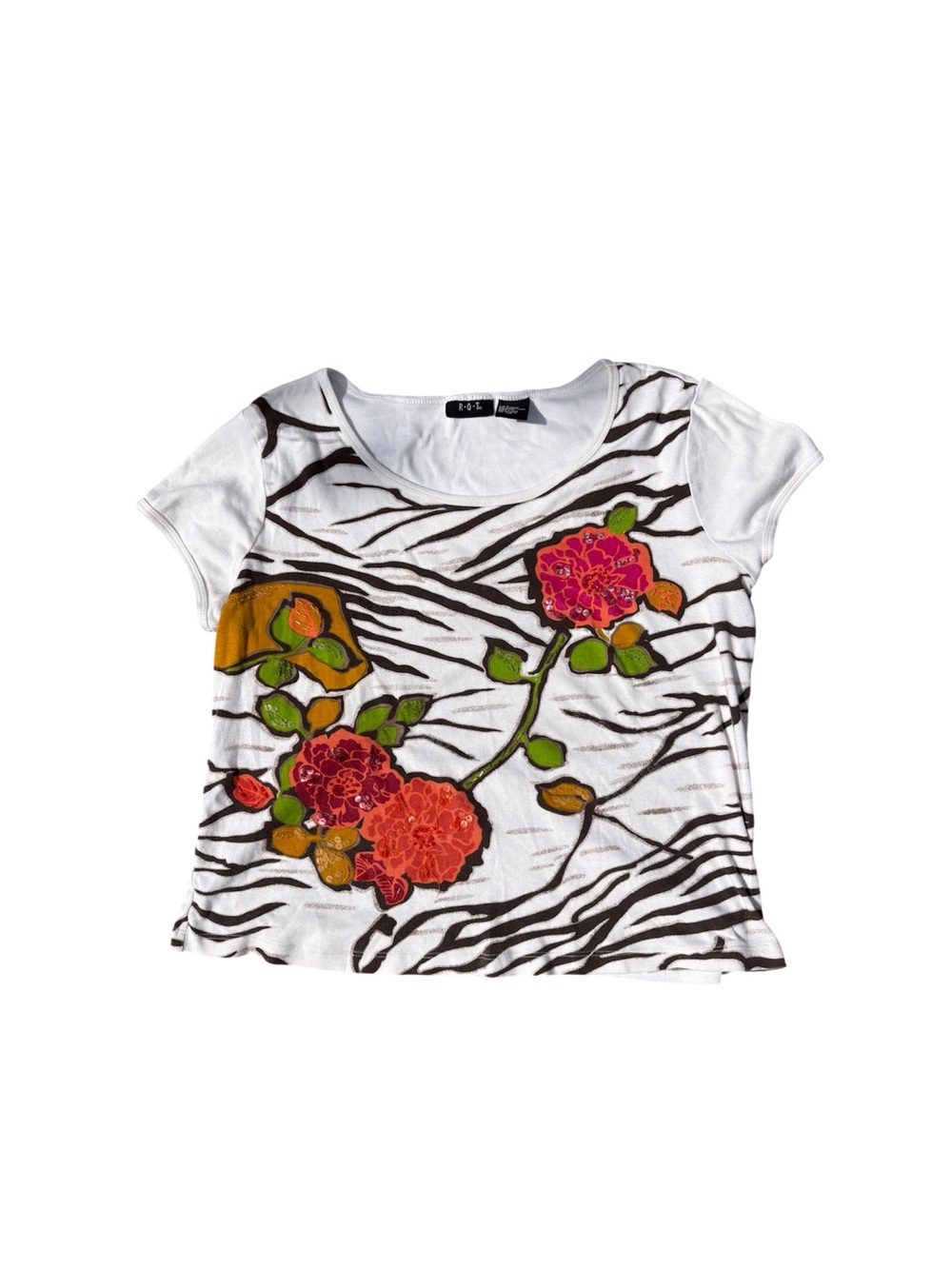 Y2K White Floral Sequin Graphic Tee